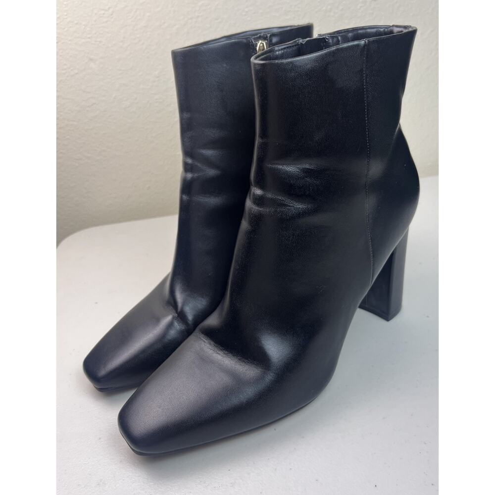 Nine West Black Leather Ankle Bootie Block Heel Square Toe Side Zip Women’s 8